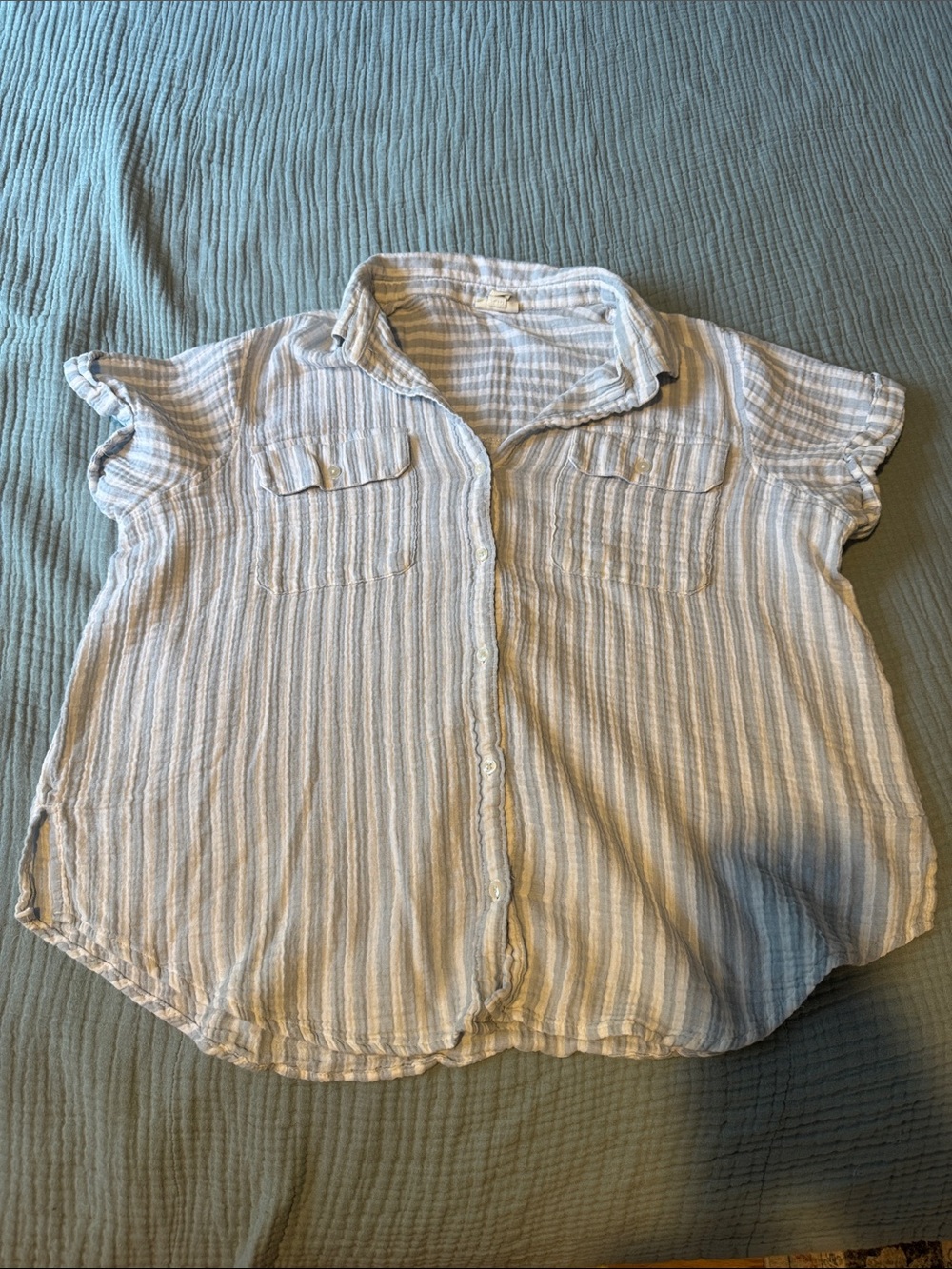 a.n.a Light Blue & White Striped Short Sleeve Button-Down Top